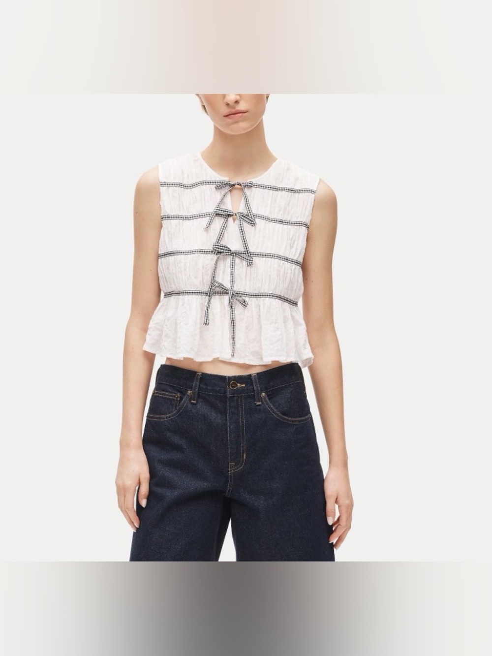 J. Crew Women’s White Tie-front top with gingham details.M.NWT.
